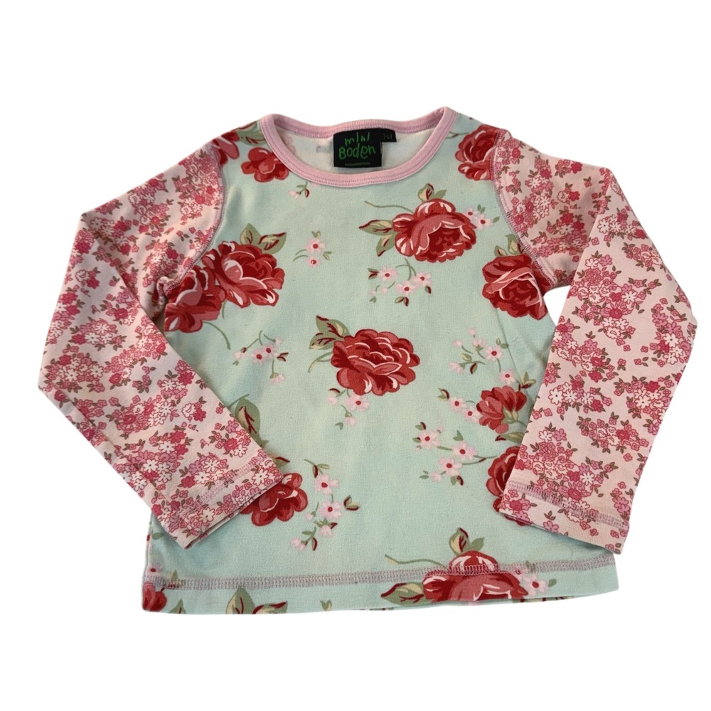 Mini Boden Girls Long Sleeve Shirt 3-4Y Light Green Pink Floral Raglan Cotton